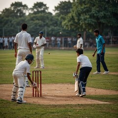 Boys are playing cricket on a grassy field.