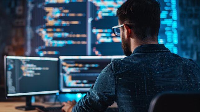 Software developer and computer script abstract technological background programming