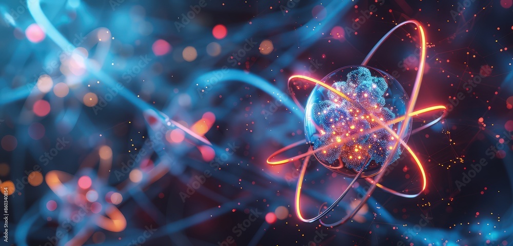 Poster a captivating 3d rendered scene of an atom, showcasing the nucleus and electron orbits with glowing 
