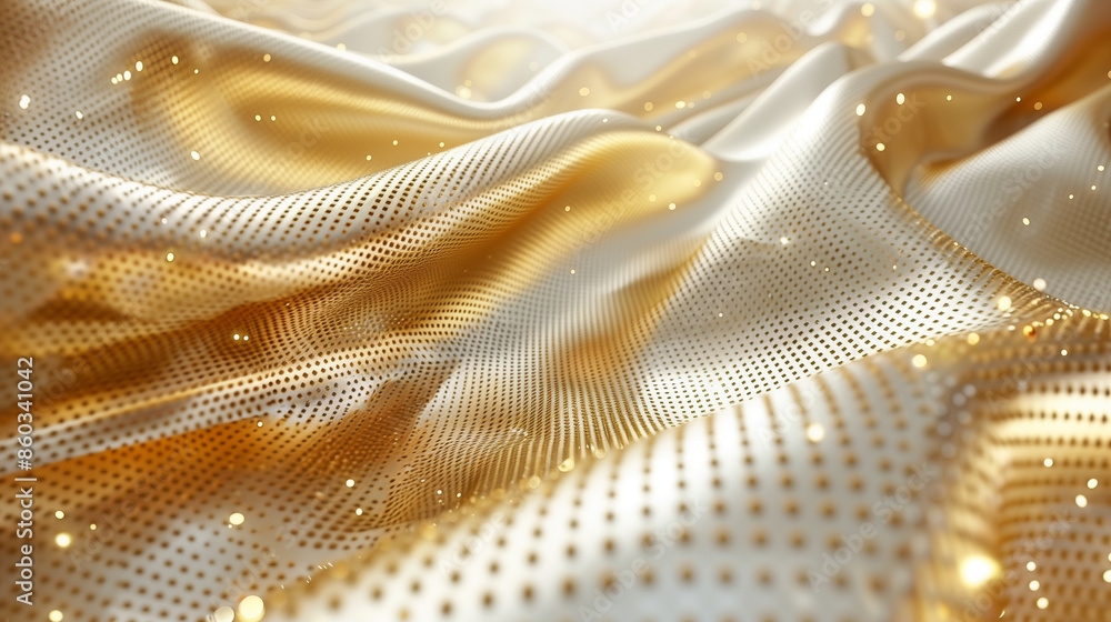 Poster golden and white fabric with shimmering dots and wavy texture, creating a luxurious and elegant look