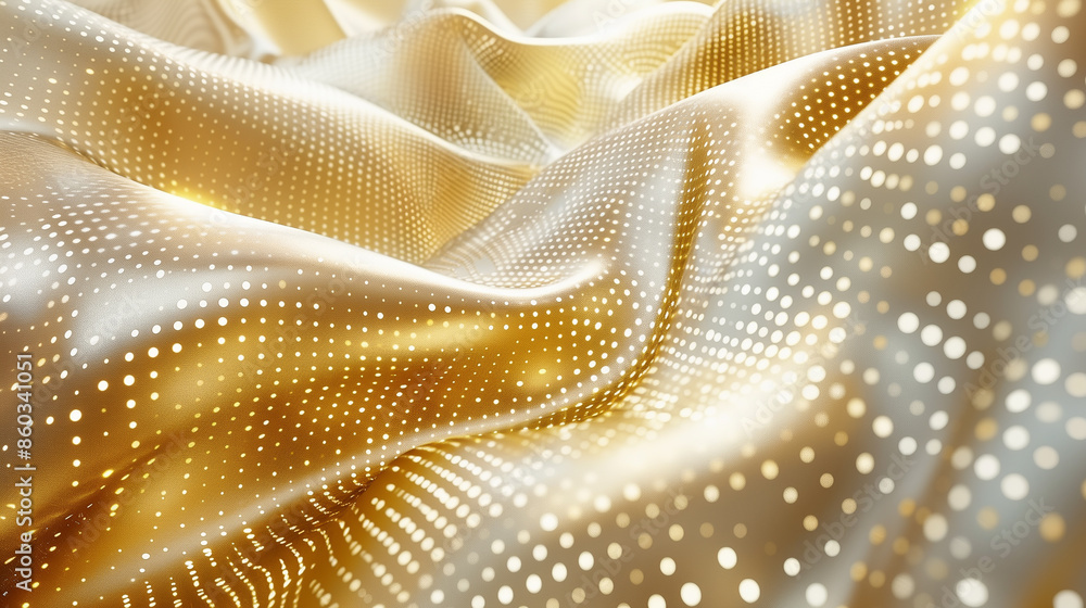 Poster golden and white silky fabric with dotted patterns, creating a luxurious and luminous wavy texture.