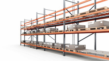 Warehouse Shelving: Racks and shelves for organizing and storing items in warehouses isolated on white background