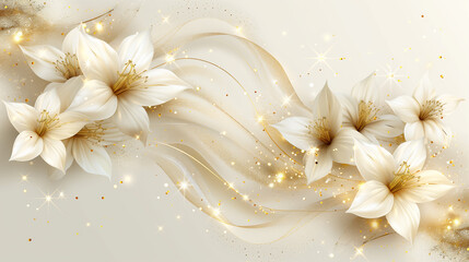 Elegant white flowers with golden accents and sparkling swirls on a light background, creating a luxurious design.