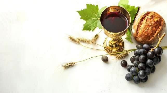 Elegant still life featuring wine, grapes, and bread with a golden cup on a white background. Ideal for illustrating religious themes, communion, or culinary articles . AI