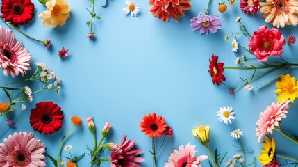 Round floral arrangement of vibrant blooms on an azure backdrop; ample space for text.