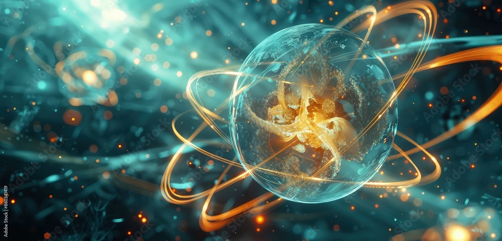 Poster a captivating 3d rendered scene of an atom, showcasing the nucleus and electron orbits with glowing 