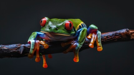 A vibrant and colorful red-eyed tree frog displaying its bright colors on a twig