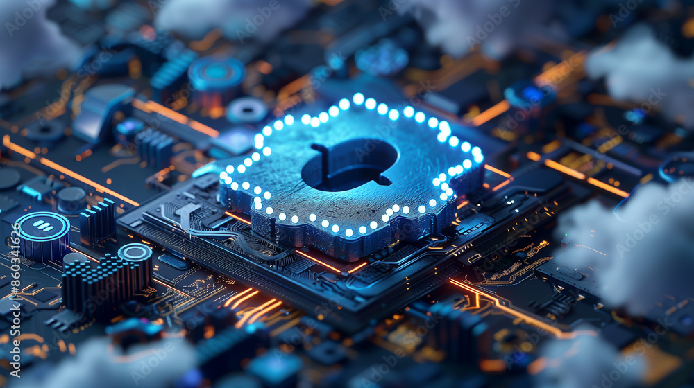 Poster a futuristic, glowing circuit board with a cloud-shaped central component, symbolizing cloud computi