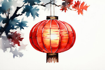Obraz premium Traditional Chinese red paper lantern hanging on branch created in watercolor technique. For festive decor, holiday cards, invitations, cultural event promotions, celebration artworks, design elements