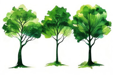 Fototapeta premium Set of abstract watercolor trees with lush greenery on white background. For backdrops, nature-themed composition, artistic applications, decorative projects, creative elements, digital, print designs