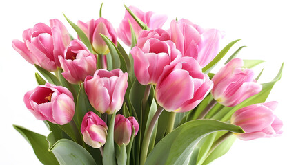 Obraz premium Fresh lush bouquet of pink tulips isolated on white : Generative AI