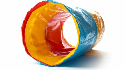 Play tunnel with blue and yellow interior and red and yellow exterior on white background