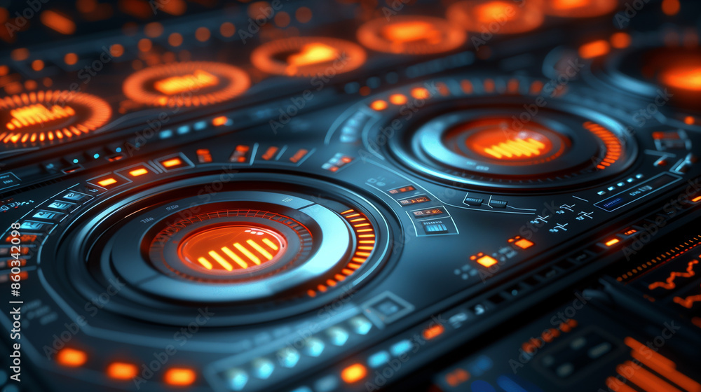 Poster a futuristic control panel with vibrant orange and blue lights, displaying complex interfaces and da