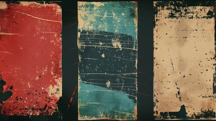 Three vertical banners with distressed grunge textures in red, blue, and beige tones