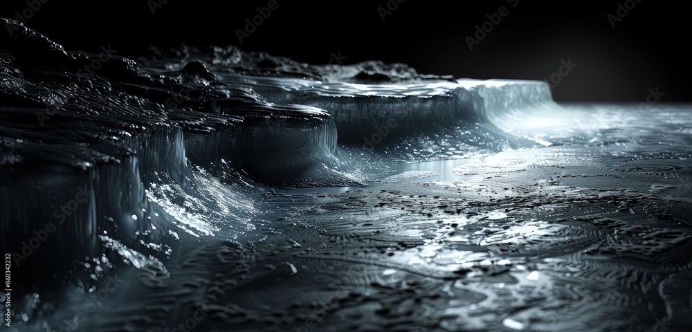 Poster a captivating 3d rendered scene of a dark environment with an ice-covered ground, featuring smooth i