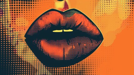 Pop-art inspired image of lips in halftone pattern over a colorful orange and red gradient
