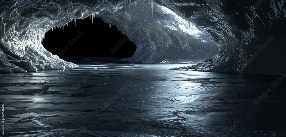 Poster a captivating 3d rendered scene of a dark environment with an ice-covered ground, featuring smooth i