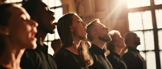 A choir singing passionately in a beautifully lit hall with large windows, their expressions reflecting the intensity of the performance.