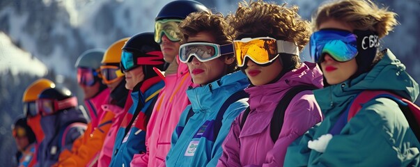 Nostalgic '90s ski resort ensemble featuring vibrant ski suits, goggles, and winter gear, captured in the aesthetic of period film photography.