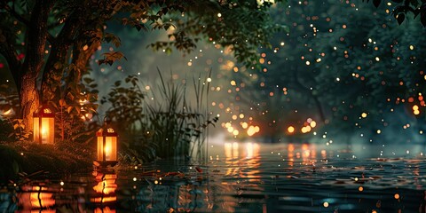 Obraz premium lanterns by the lake, fantasy forest background