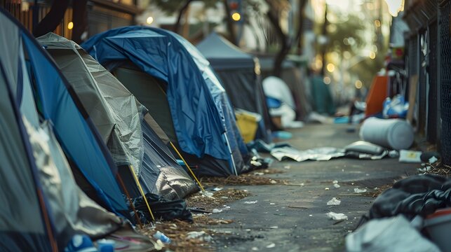 An abandoned or neglected temporary shelter is suggested by a campsite cluttered with collapsed tents and scattered camping gear.