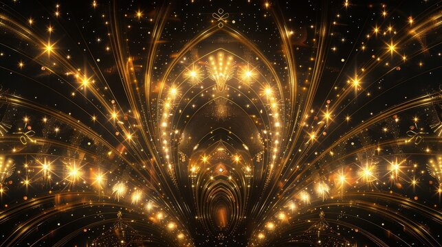 Opulent Art Deco accents shimmer amidst a celestial black abyss, evoking an atmosphere of lavish sophistication.