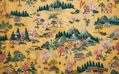 A yellow and pink embroidered piece of cloth with a mountain range and houses, Serene Village, Traditional Asian landscape with houses and trees on yellow, Peaceful Scenery
