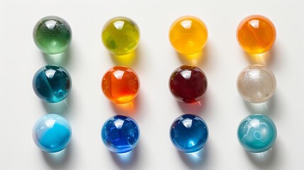 Fototapeta premium Nine multihued marbles aligned in 3x3 grid against white backdrop