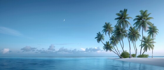 Obraz premium Serene tropical island with palm trees surrounded by a calm ocean under a clear blue sky, perfect for a relaxing getaway or vacation.