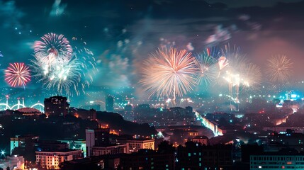 New Year's Eve Fireworks: Spectacular fireworks lighting up the night sky over a cityscape on New Year's Eve.