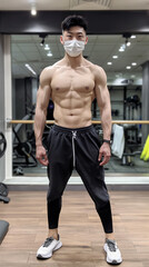 Obraz premium Muscular man posing in gym with face mask