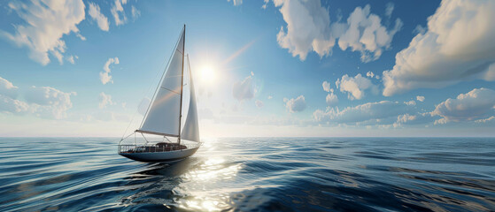 A solitary sailboat glides through the calm, open sea under a bright, sunny sky with scattered clouds. - Powered by Adobe