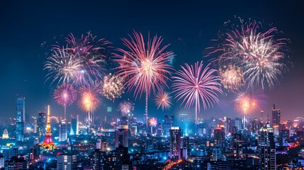 Obraz premium New Year's Eve Fireworks: Spectacular fireworks lighting up the night sky over a cityscape on New Year's Eve.