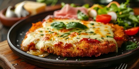 Uruguayan Milanesa The Napolitana with Ham and Cheese. Concept Uruguayan Cuisine, Milanesa Napolitana, Ham and Cheese, Comfort Food