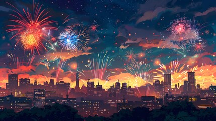 Naklejka premium New Year's Eve Fireworks: Spectacular fireworks lighting up the night sky over a cityscape on New Year's Eve.