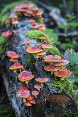 A variety of mushrooms growing on a decaying log, symbolizing growth and transformation from old ideas. 