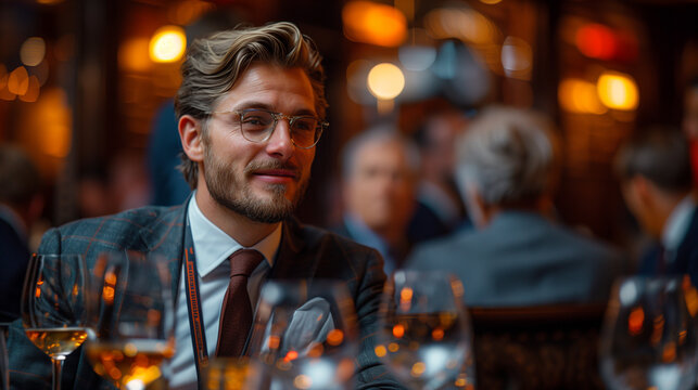 global business tycoon enjoying a high-profile networking event with a sophisticated atmosphere