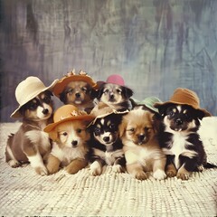 A group of adorable puppies wearing various hats sitting together on a textured blanket.