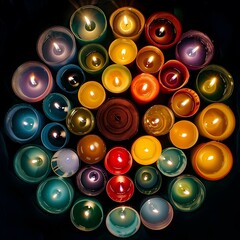 A top-down view of a colorful arrangement of lit candles forming a circular pattern.
