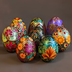 Fototapeta premium A collection of intricately decorated eggs featuring vibrant floral patterns and detailed geometric designs on a neutral background.