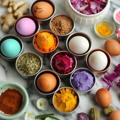 A vibrant and colorful assortment of various ingredients in small bowls, including powders, dried herbs, vegetables, and decorated eggs, arranged on a marble surface.