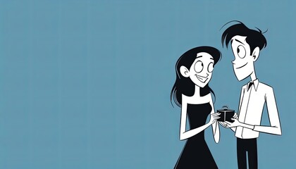 Cartoon Couple Sharing a Moment in Blue Background
