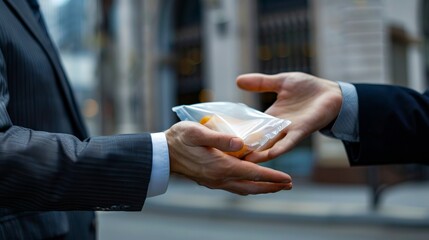 Fototapeta premium Two businessmen shaking hands with a bag of food.