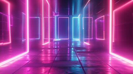 Cyberpunk neon light backdrop with 3D render.