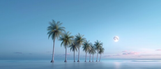 Fototapeta premium Tranquil scene of palm trees lined up along a serene beach at sunrise, with calm waters and a peaceful horizon under the clear sky.