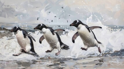Naklejka premium Three penguins are illustrated in motion on a textured beach backdrop, with splashes of water accentuating their movement