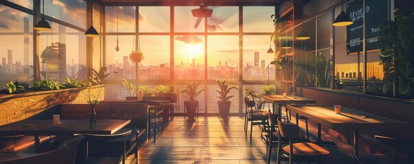 Fototapeta premium Cozy coffee shop interior exuding warmth with a stunning urban sunset vista through its windows.