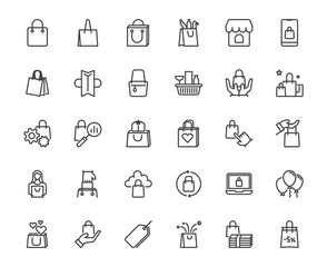 Shopping paper bag outline icon set