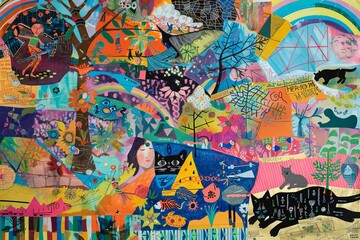 Colorful Collage with Abstract Art and Animals in Rainbow Palette