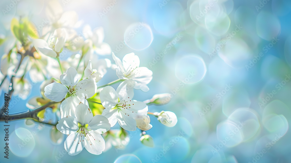 Poster Branches of blossoming cherry macro with soft focus on gentle light blue sky background in sunlight with copy space Beautiful floral image of spring nature panoramic view : Generative AI